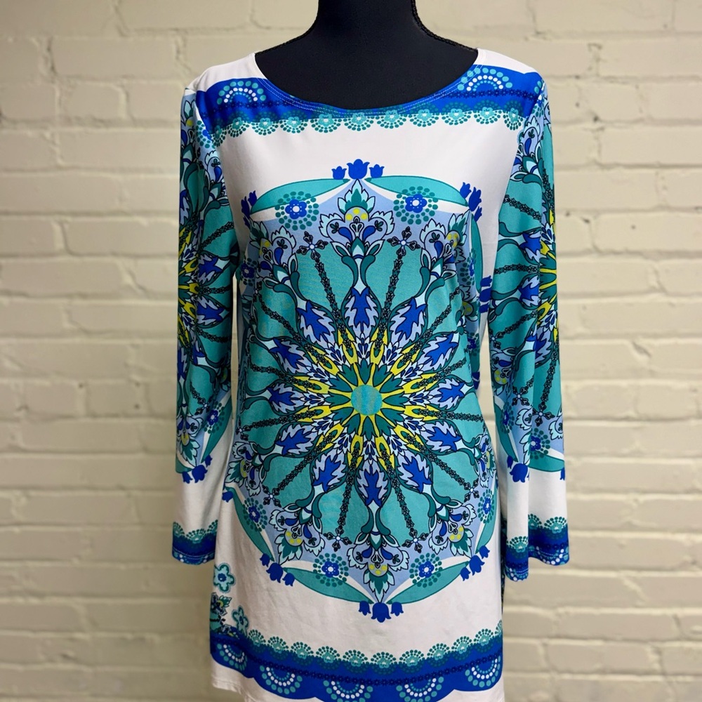 Sunny Leigh Turquoise & Royal Blue Long Sleeve Tunic or Swim Cover-up, Size L